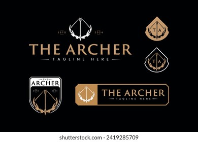 set of hunting logo design template with archery bow and arrow symbol vector for outdoor adventure hunt sports club brand identity