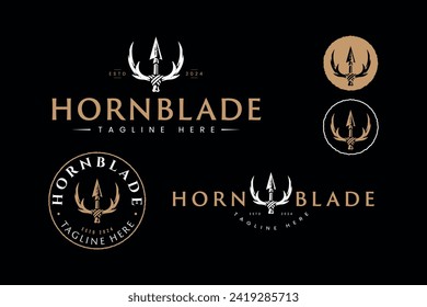 set of hunting logo design template with trident shaped horns and spearssymbol vector for outdoor adventure hunt sports club brand identity