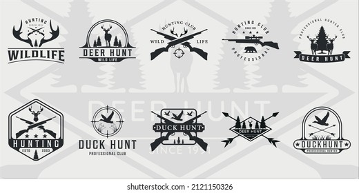 Set Of Hunting Logo Vintage Vector Illustration Template Icon Graphic Design.bundle Collection Of Various Deer Bear And Duck Hunt Sign Or Symbol For Hunter With Retro Badge And Typography