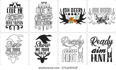 Set of hunting and outdoor-themed vector graphics featuring deer, ducks, antlers, and rifles with
