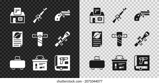 Set Hunting Shop Weapon, M16A1 Rifle, Small Gun Revolver, Weapon Case, Military Ammunition Box, Book With Pistol Or, Firearms License Certificate And Knife Holster Icon. Vector