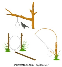 Set of hunting traps. Metal hinges on the tree - hunting traps on a white background. Vector illustration
