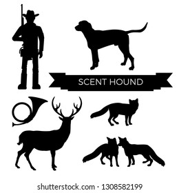 Set of hunting vector silhouettes with scent hound, hunter, horn, foxes and deer on white background
