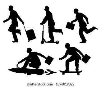 Set of hurry businessman on transportation silhouette vector on white background