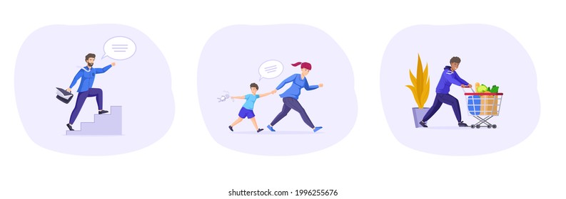 Set hurrying people. Man, woman running in hurry or haste. Fast business person, office worker, clerk, shopping, walking with dog, rush on meeting. Lateness or tardiness or hectic pace of life vector