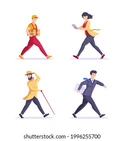 Set Hurrying People. Man, Woman Running In Hurry Or Haste. Fast Business Person, Office Worker, Clerk, Shopping, Walking With Dog, Rush On Meeting. Lateness Or Tardiness Or Hectic Pace Of Life Vector