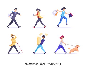 Set Hurrying People. Man, Woman Running In Hurry Or Haste. Fast Business Person, Office Worker, Clerk, Shopping, Walking With Dog, Rush On Meeting. Lateness Or Tardiness Or Hectic Pace Of Life Vector