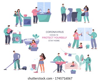Set of Husband and Housewife Doing Housework,Vacuuming,Cooking in Kitchen,Washing Clothes,Ironing,Cleaning,Vacuuming,Wash Floor,Care for Flowers,Washing Dishes.Quarantine.Vector Illustration
