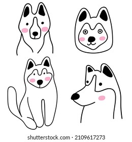 Juego de perros Husky. Icono de vector de contorno ilustraciones sobre fondo blanco. 