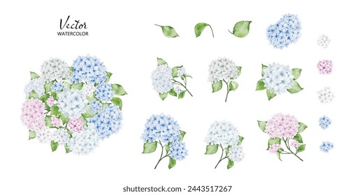 Set of Hydrangea bouquets watercolor and elements