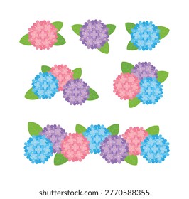 Set of hydrangea flower illustrations in pink, purple, and blue. Vector floral collection with single blossoms, bouquets, and horizontal banners isolated on white background.