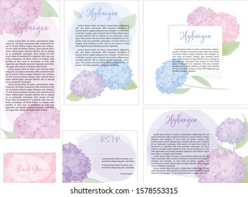 Set of hydrangea flower invitation cards for wedding, thanks, rsvp, menu, Flowers vector abstract frame on white background