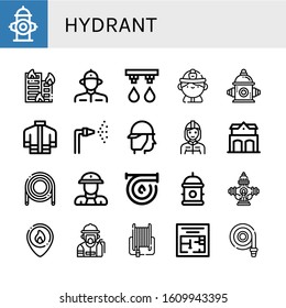 Set of hydrant icons. Such as Fire hydrant, Building on fire, Firefighter, Irrigation system, Firefighter uniform, Fire hose, station, Hose, Fireman, Hydrant , icons