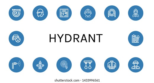Set of hydrant icons such as Hose, Firefighter, Evacuation plan, Fire hose, Hydrant, Irrigation system, Firefighter uniform, Fireman, Car on fire, Building on fire , hydrant