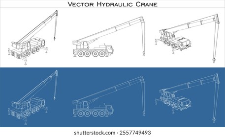 Set Hydraulic crane line draw blueprint wireframe from all view front, side and back isolated in transparent background