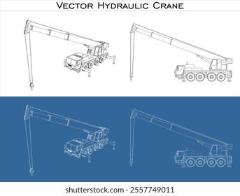 Set Hydraulic crane vector line draw blueprint wireframe from all view front, side and back isolated in transparent background