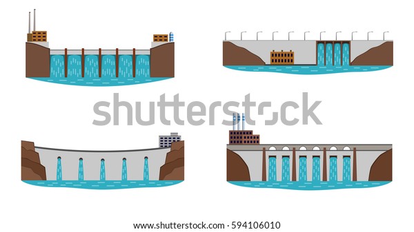 水力発電所のセット 水力発電所 クリーンな再生可能水エネルギー源のコンセプト ベクターイラスト のベクター画像素材 ロイヤリティフリー