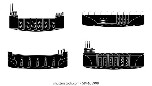 Set of hydro power station silhouette. Hydro electric power plant. Clean renewable water energy source concept. Vector illustration.