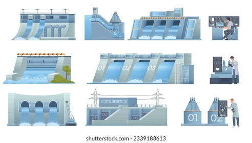 Set of hydro power stations in flat style isolated on white background vector illustration