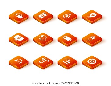 Set Hydroelectric dam, Electric plug, Earth globe and leaf, Nuclear power plant, Battery, Power button and  icon. Vector