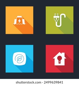 Set Hydroelectric dam, Electric plug, Location with leaf and Smart house and light bulb icon. Vector
