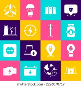 Set Hydroelectric dam, Light bulb with leaf, Propane gas tank, Recharging, Nuclear power plant, Wind turbine and Electric tower icon. Vector