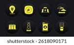 Set Hydroelectric dam, Nuclear power plant, Antenna, Bio fuel barrel, Electric plug, LED light bulb and  icon. Vector