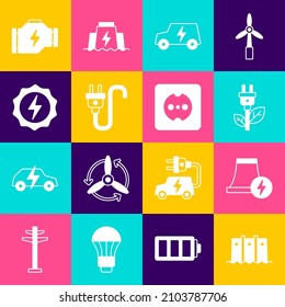 Set Hydroelectric dam, Nuclear power plant, Electric saving plug in leaf, car, Lightning bolt, Check engine and Electrical outlet icon. Vector