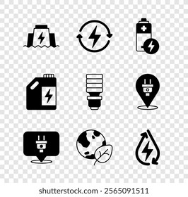 Set Hydroelectric dam, Recharging, Battery, Electric plug, Earth globe and leaf, Water energy, Eco fuel canister and LED light bulb icon. Vector