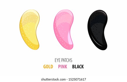 Set hydrogel cosmetic eye patch pink, gold and black. Cosmetic product for skin. Patches under the eyes. Сollagen mask. Korean cosmetics. Facial skin care. Beauty product for eye care in vector.