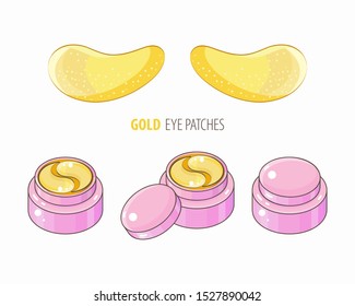 Set hydrogel golden cosmetic eye patch in a pink jar. Collagen patches.Cosmetic product for skin. Patches under the eyes. Сollagen mask. Korean cosmetics. Facial skin care. Beauty product for eye