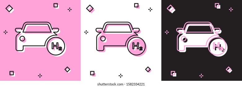 Set Hydrogen car icon isolated on pink and white, black background. H2 station sign. Hydrogen fuel cell car eco environment friendly zero emission.  Vector Illustration