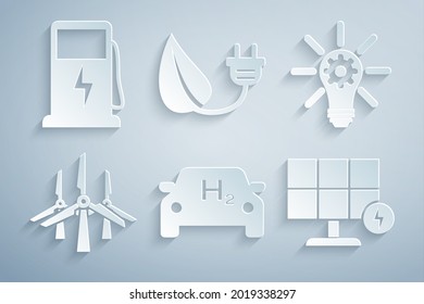 Ajuste el coche hidrógeno, bombilla de luz con engranaje, turbinas eólicas, panel de energía solar, hoja de enchufe de ahorro eléctrico e icono de la estación de carga. Vector