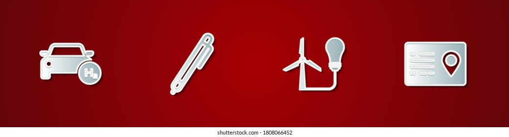 Set Hydrogen car, Pen, Light bulb with wind turbine and Address book icon. Vector.