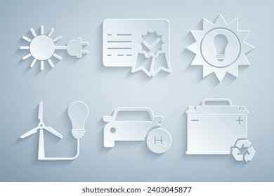 Set Hydrogen car, Solar energy panel, Light bulb with wind turbine, Car battery recycle, Certificate template and Sun electric plug icon. Vector