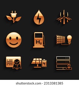 Set Hydrogen filling station, Solar energy panel and battery, Customer care server, light bulb, Certificate template, Smile face, Wind turbines and Electric saving plug leaf icon. Vector