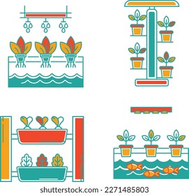 Conjunto de iconos de línea plana de la granja hidropónica