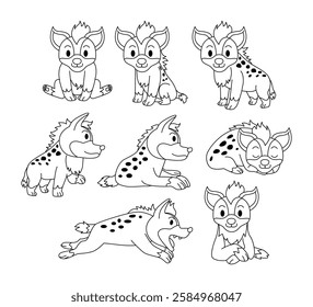 Set of hyena doodle collection, flamingo outline coloring page book animals for kindergarten, Vector line art set of animals wildlife, Hand drawn, Minimal hyena line art doodle in different pose