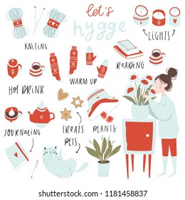 Set of hygge attributes, furniture and home decorations isolated on white background. Girl with flowers on turntable. Let's hygge. Vector illustration. Red blue white