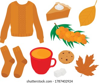 Set Hygge autumn vector illustration. Sweater socks tea sea buckthorn cookies pumpkin pie leaves