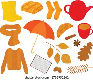 Establecer la ilustración vectorial de otoño de Hygge. Calcetines sudorosos botas paraguas libro cinnamita hervidor de té croissant hojas