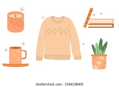 Set of hygge cosy objects. Cute stickers in warm colors: sweater, cup of tea, candle and stack of books