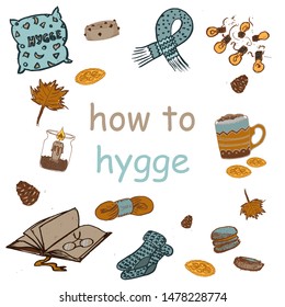 Set of hygge elements. Coffee, cocoa, tea, pillow, scarf, jarn, garland, knitted socks, notebook, diary, book, herbarium, autumn leaf,  dry orange slice, macaroon, danish pastry, candleburn.