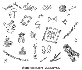 Set of hygge elements. Cozy doodle things. Hand drawn vector objects. Design for stickers, posters, greeting cards.