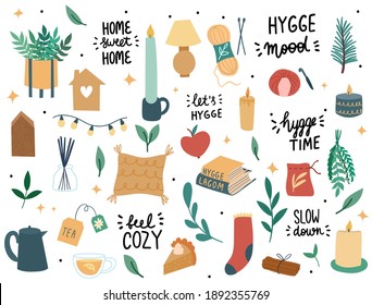 Set of hygge elements. Interior decor scandinavian style. Vector hand drawn illsutartions.