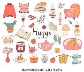 Set of hygge icons. Warm and cozy things. Hand drawn illustration in doodle style.
