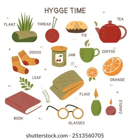 Set of hygge items and typhography