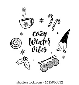 Set of hygge lifestyle cozy elements. Cozy winter vibes. Winter elements for greeting cards, posters, stickers and seasonal design. Isolated on white background. Christmas decorations