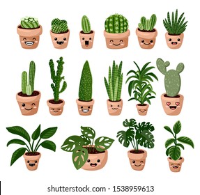 Set of hygge potted kawaii emoticon emoji succulent plants. Lagom scandinavian style collection of plants