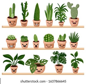 Set of hygge potted kawaii emoticon emoji succulent plants on shelf. Cozy lagom scandinavian style collection of plants